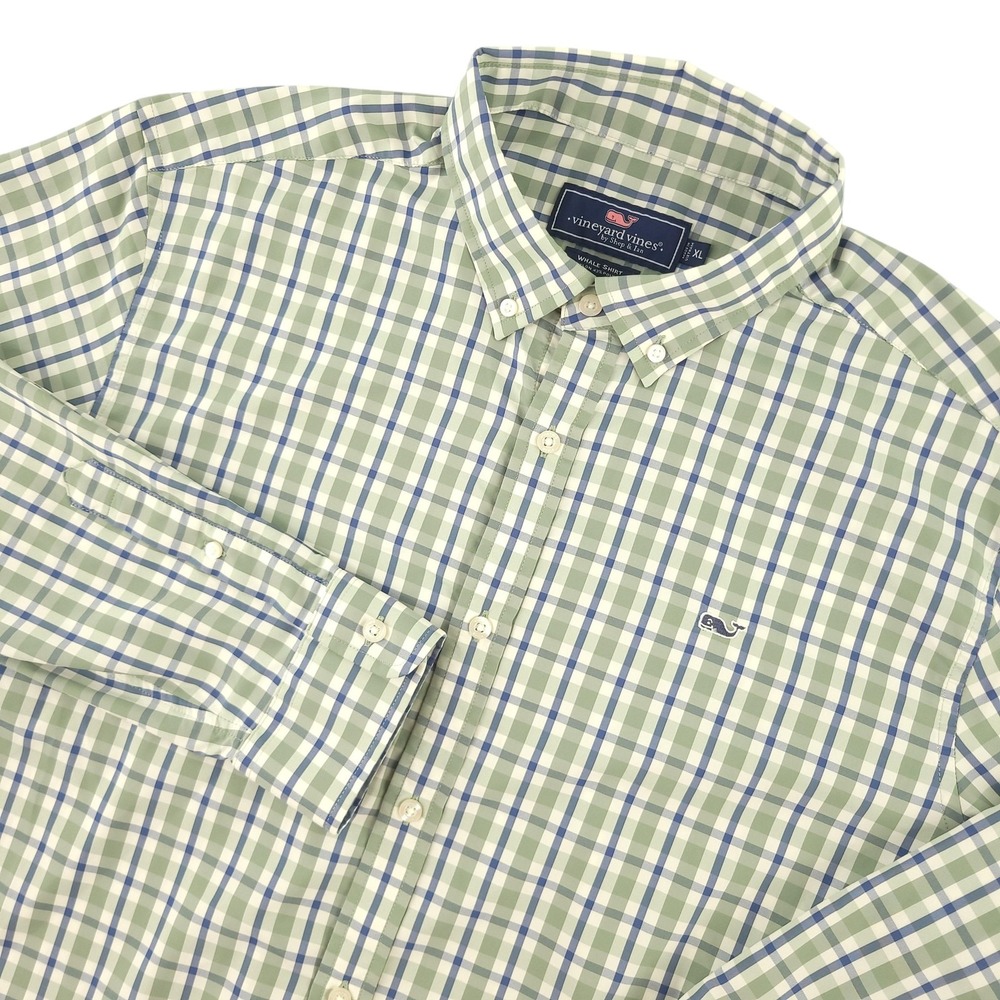 Vineyard Vines Whale Shirt Mens XL Green Check Long Sleeve Button Down Nylon